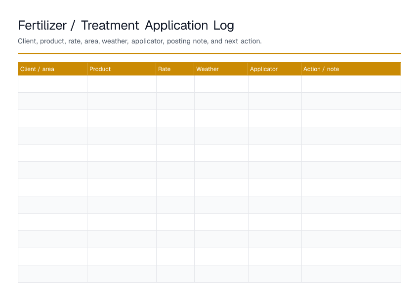 Fertilizer / Treatment Application Log — printable PDF preview