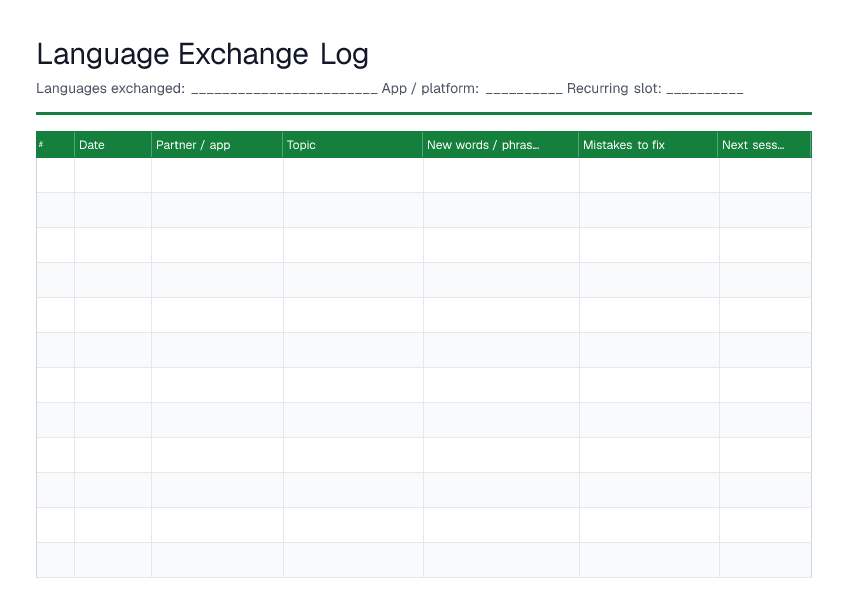 Language Exchange Log — printable PDF preview