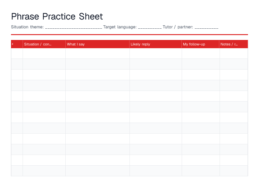 Phrase Practice Sheet — printable PDF preview