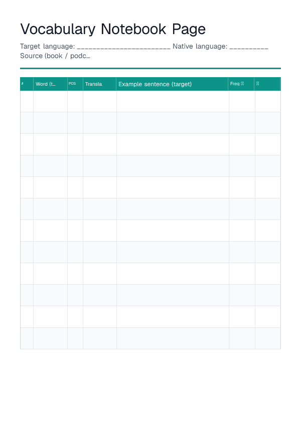 Vocabulary Notebook Page — printable PDF preview