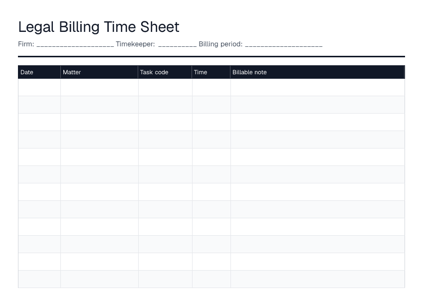 Legal Billing Time Sheet — printable PDF preview