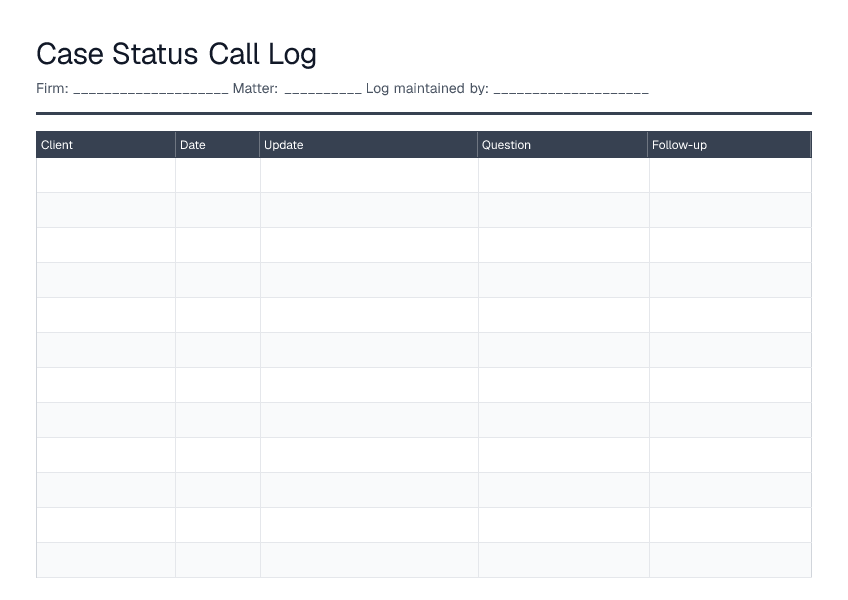 Case Status Call Log — printable PDF preview