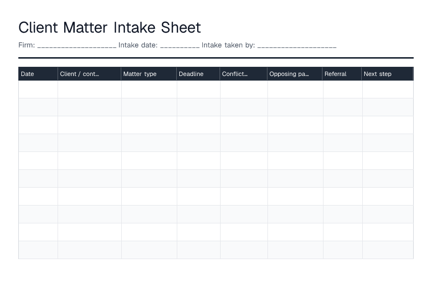 Client Matter Intake Sheet — printable PDF preview