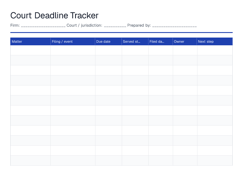 Court Deadline Tracker — printable PDF preview