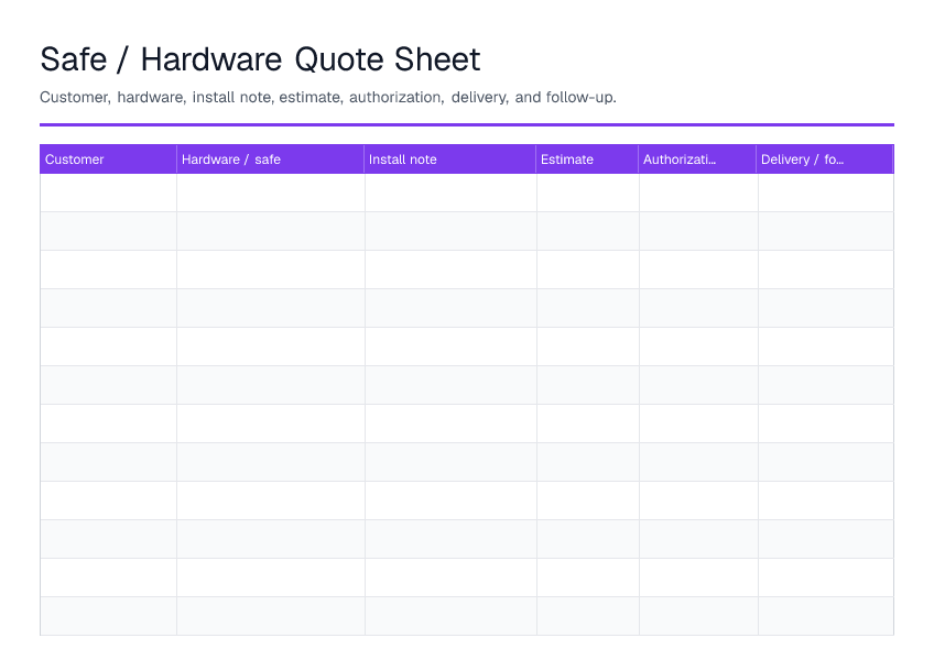 Safe / Hardware Quote Sheet — printable PDF preview
