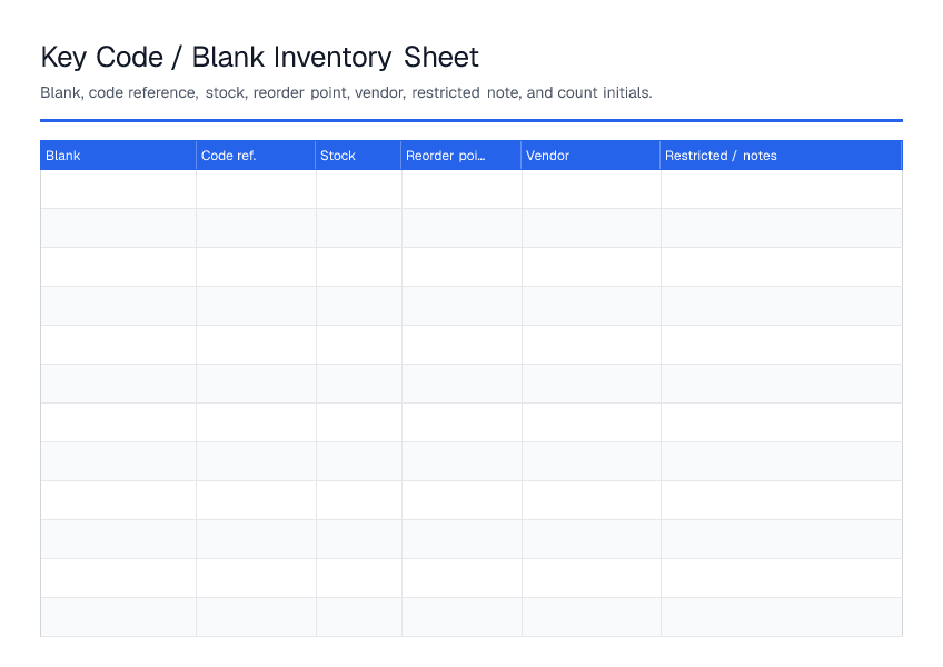 Key Code / Blank Inventory Sheet — printable PDF preview