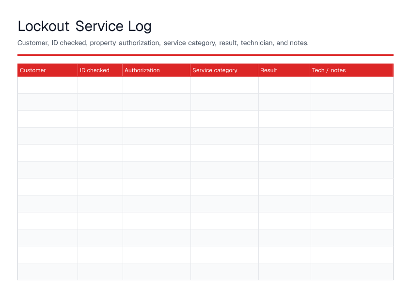 Lockout Service Log — printable PDF preview