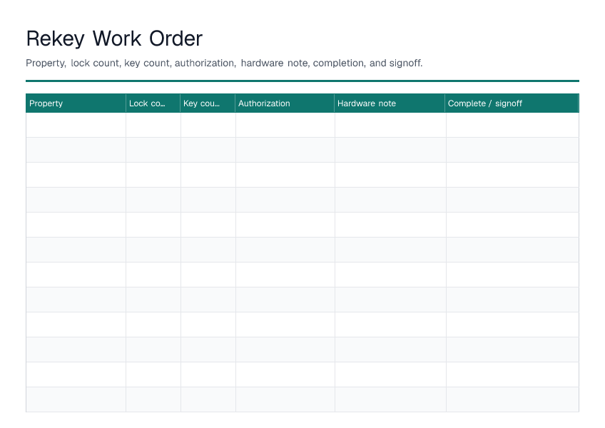 Rekey Work Order — printable PDF preview