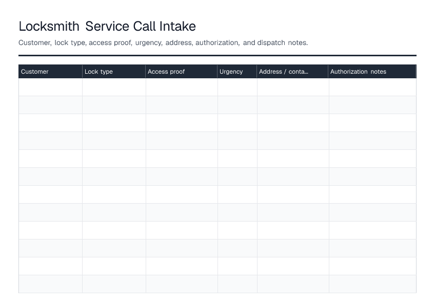 Locksmith Service Call Intake — printable PDF preview