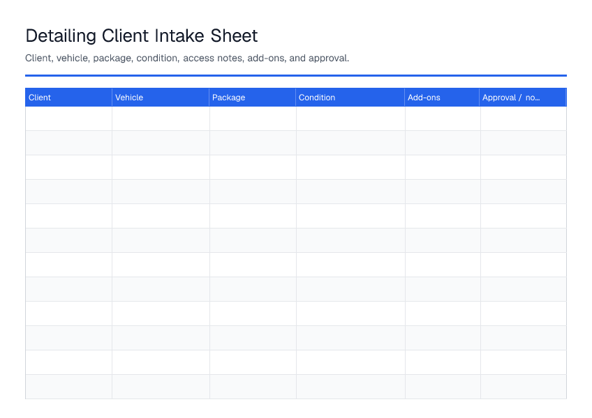 Detailing Client Intake Sheet — printable PDF preview
