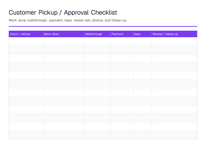 Customer Pickup / Approval Checklist — printable PDF preview