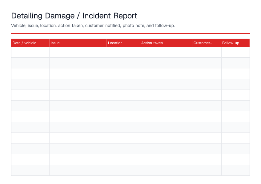 Detailing Damage / Incident Report — printable PDF preview