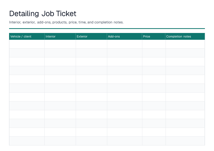 Detailing Job Ticket — printable PDF preview