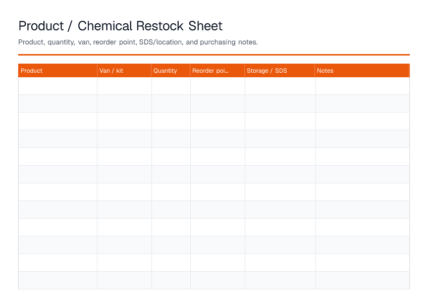 Product / Chemical Restock Sheet — printable PDF preview