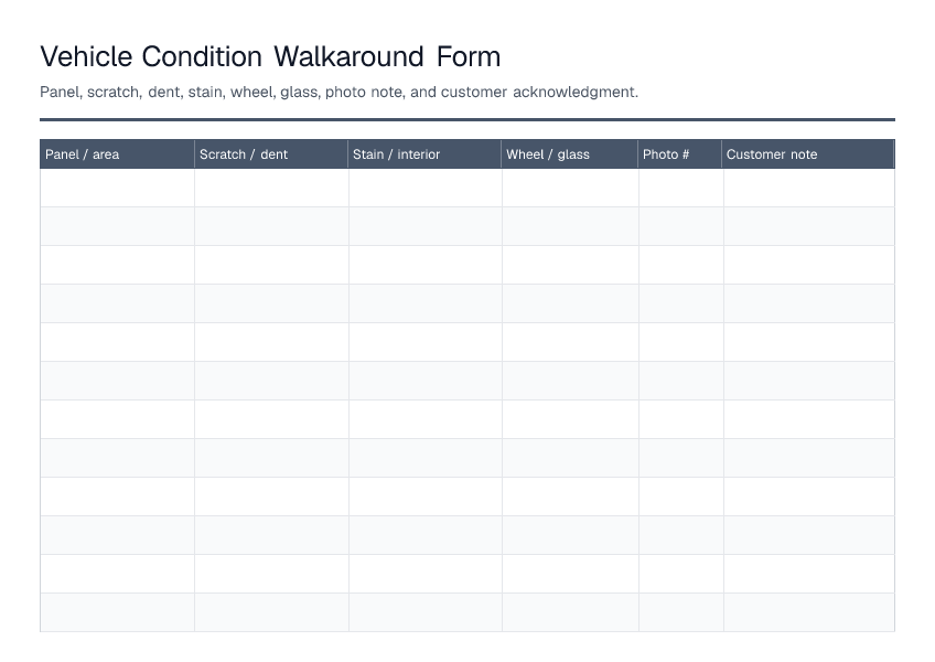 Vehicle Condition Walkaround Form — printable PDF preview