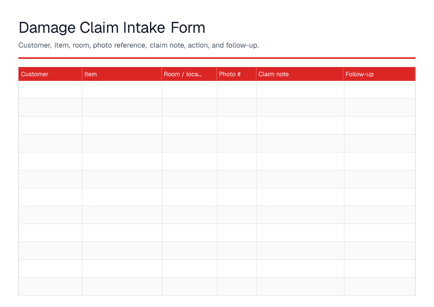 Damage Claim Intake Form — printable PDF preview