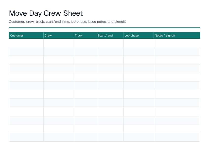 Move Day Crew Sheet — printable PDF preview