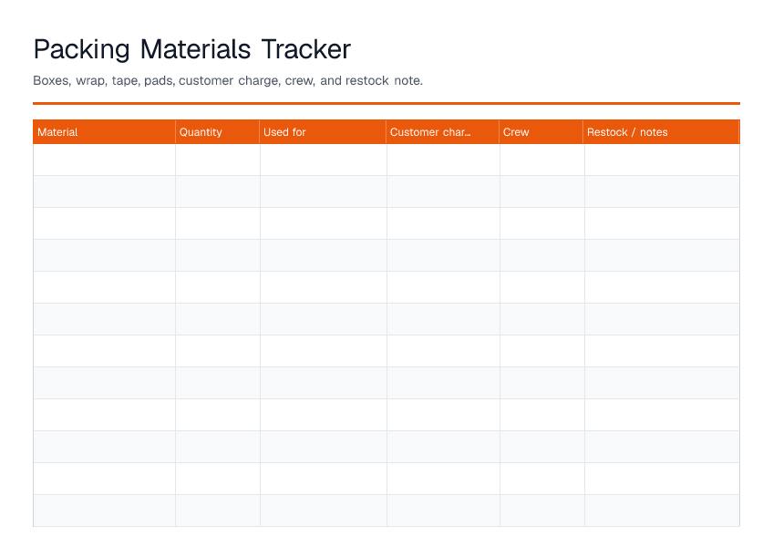 Packing Materials Tracker — printable PDF preview