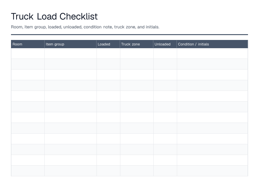 Truck Load Checklist — printable PDF preview