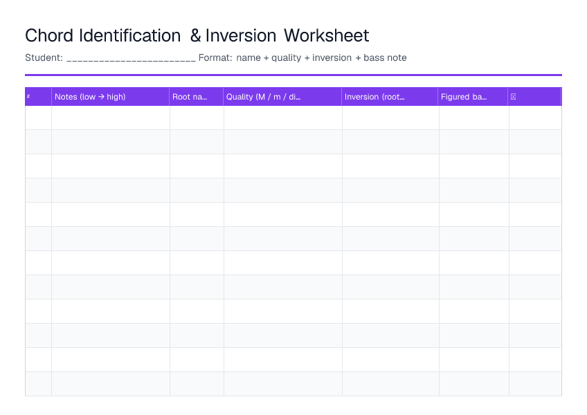 Chord Identification & Inversion Worksheet — printable PDF preview