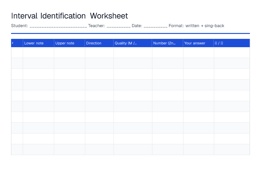 Interval Identification Worksheet — printable PDF preview