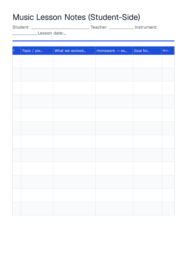 Music Lesson Notes (Student-Side) — printable PDF preview