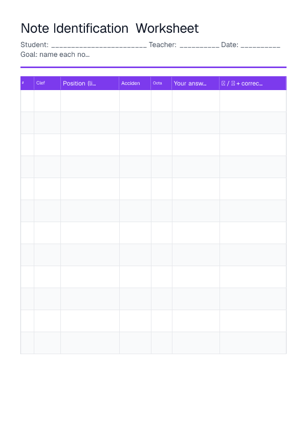 Note Identification Worksheet — printable PDF preview