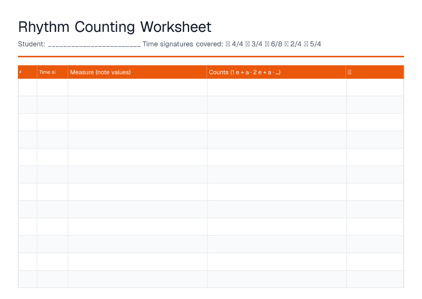 Rhythm Counting Worksheet — printable PDF preview