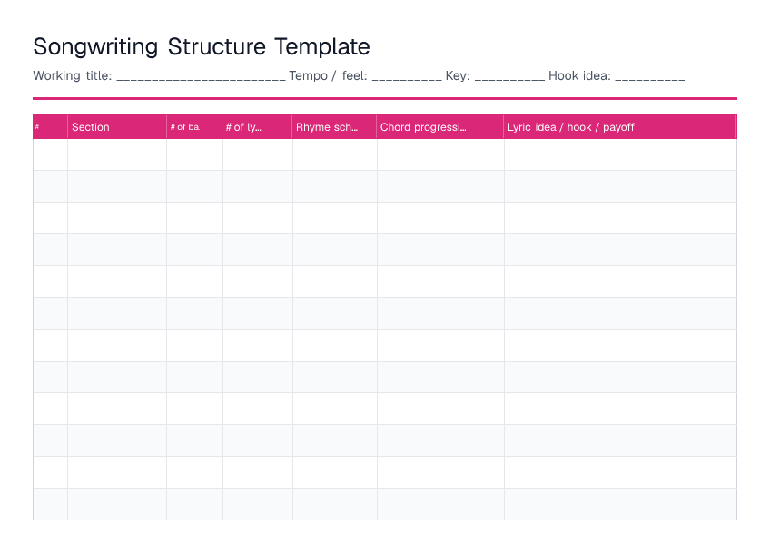 Songwriting Structure Template — printable PDF preview