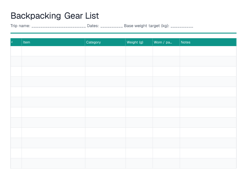 Backpacking Gear List — printable PDF preview