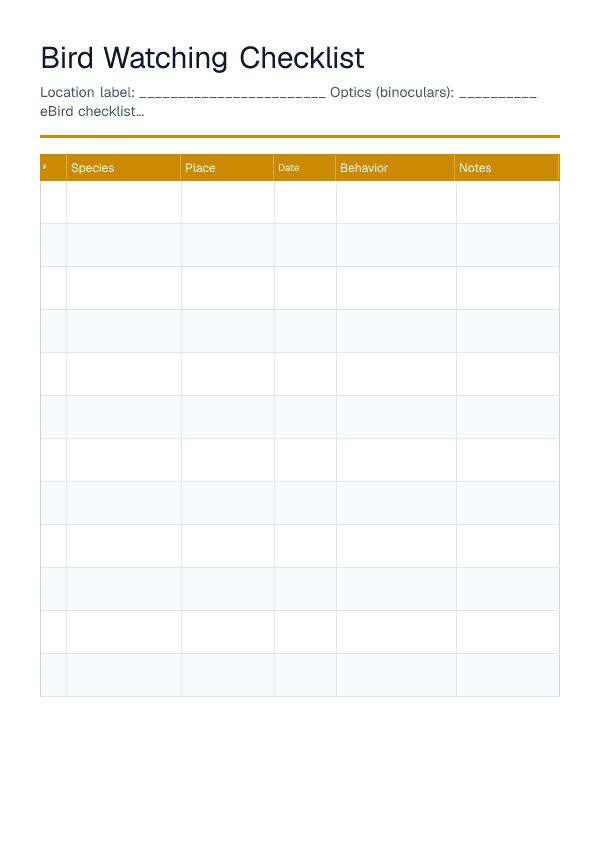 Bird Watching Checklist — printable PDF preview