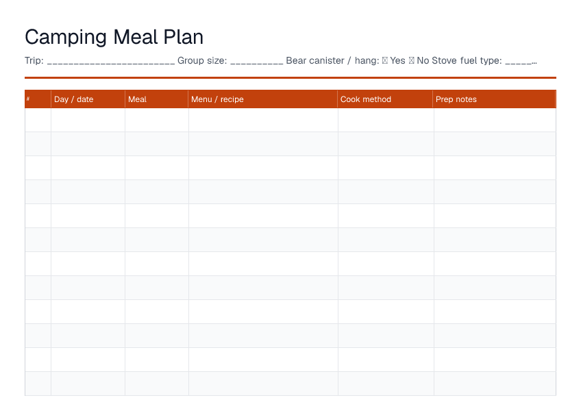 Camping Meal Plan — printable PDF preview