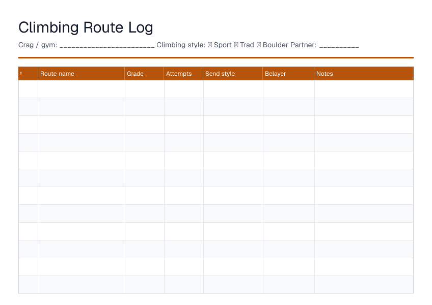 Climbing Route Log — printable PDF preview