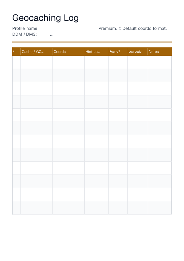 Geocaching Log — printable PDF preview