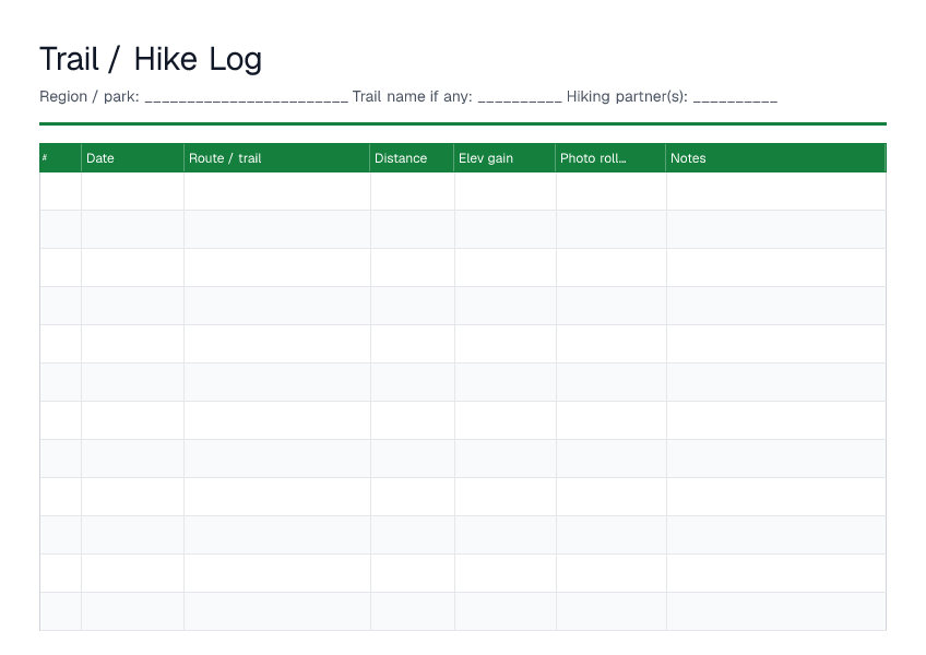 Trail / Hike Log — printable PDF preview