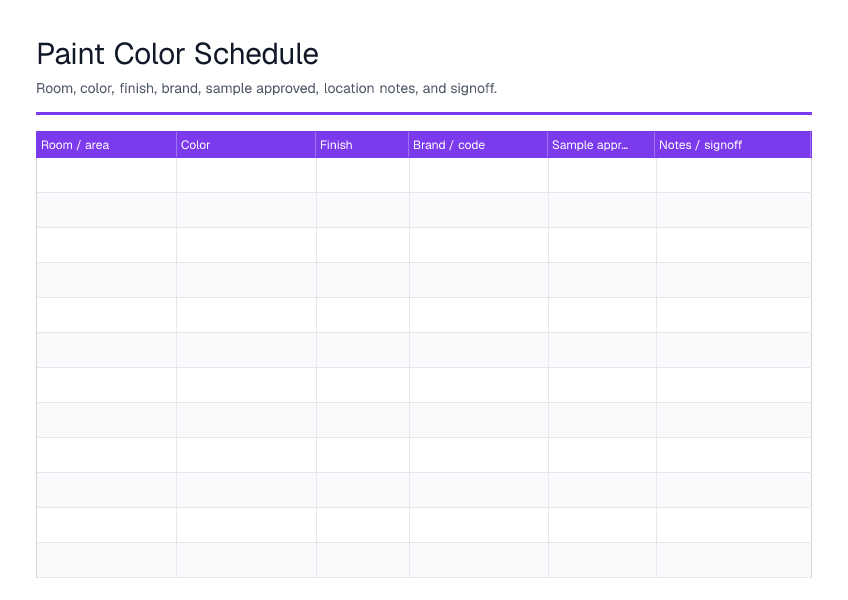 Paint Color Schedule — printable PDF preview