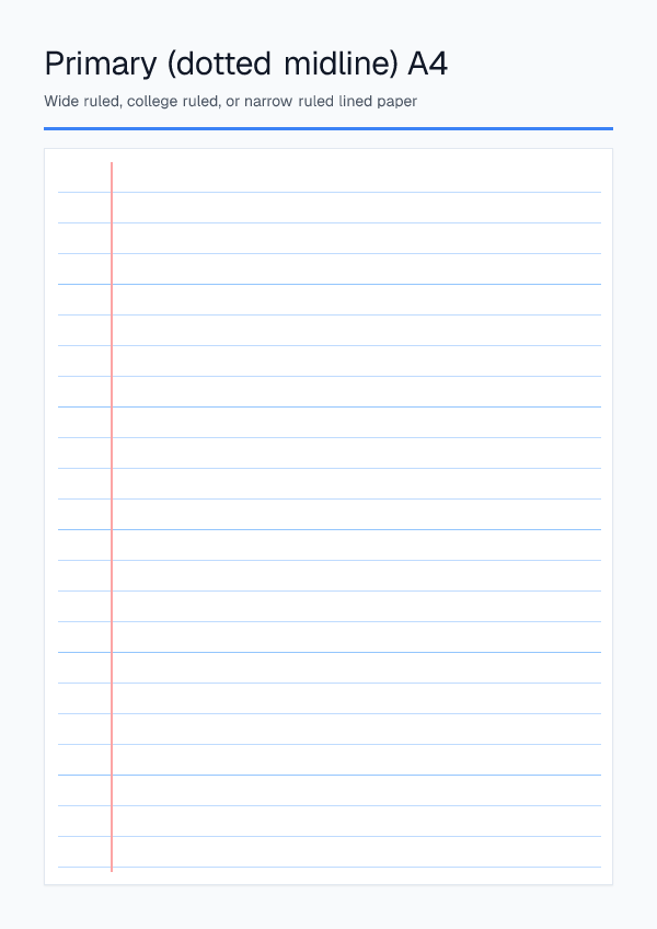 Primary Ruled A4 — Lined Paper — printable PDF preview