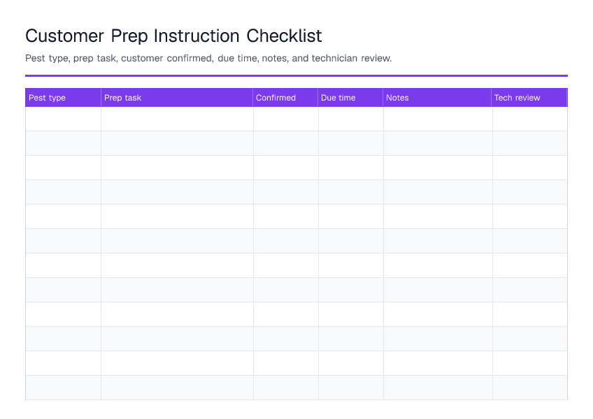 Customer Prep Instruction Checklist — printable PDF preview
