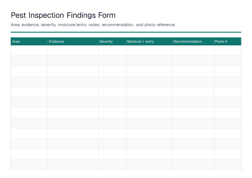 Pest Inspection Findings Form — printable PDF preview