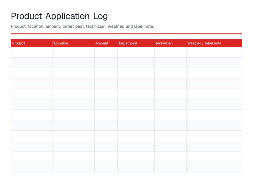 Product Application Log — printable PDF preview