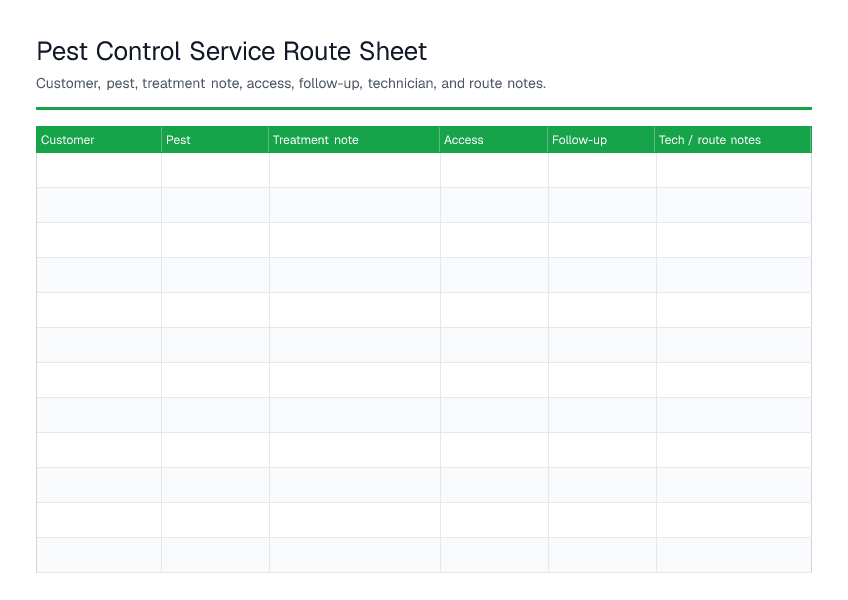 Pest Control Service Route Sheet — printable PDF preview
