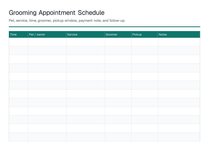 Grooming Appointment Schedule — printable PDF preview