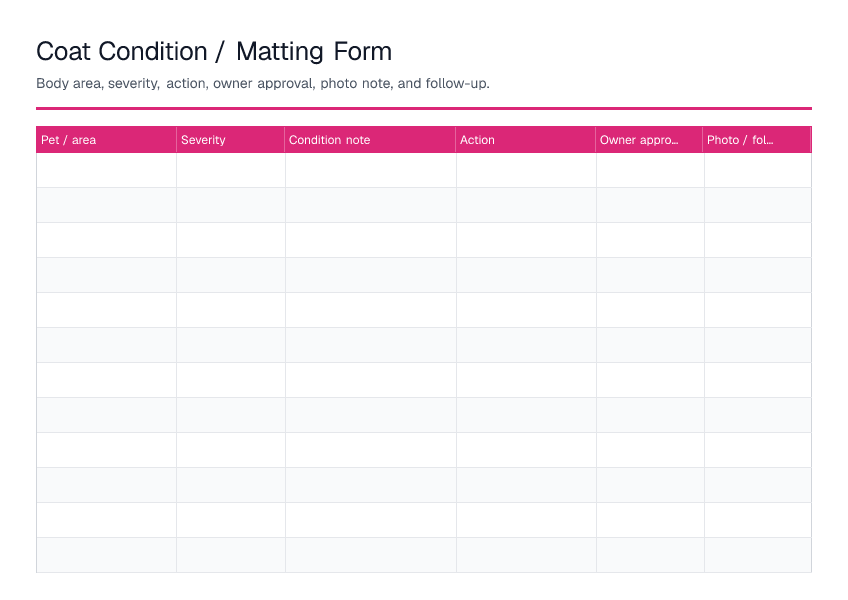 Coat Condition / Matting Form — printable PDF preview
