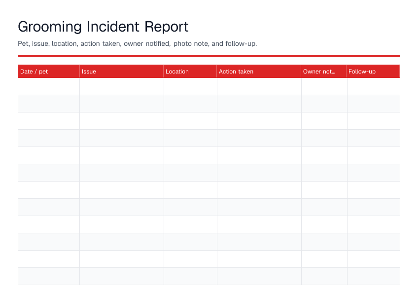 Grooming Incident Report — printable PDF preview