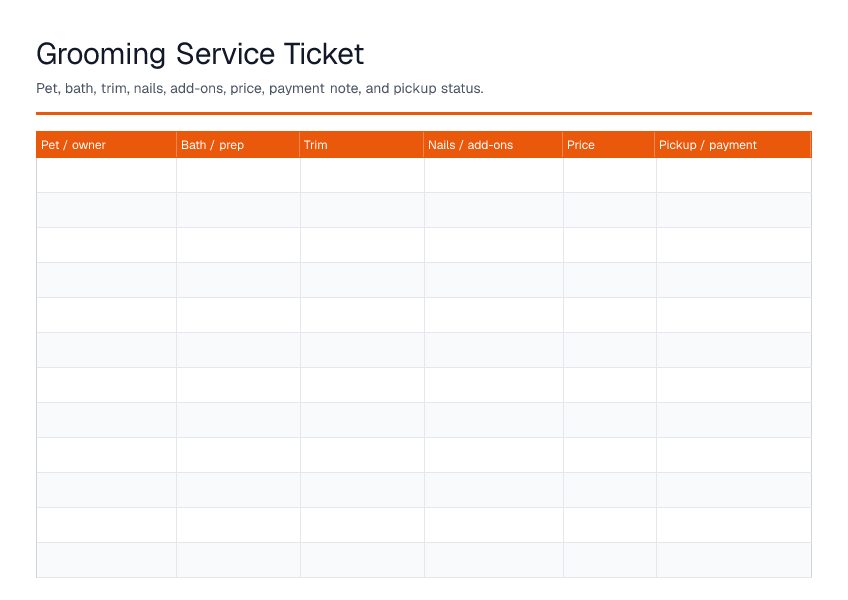 Grooming Service Ticket — printable PDF preview