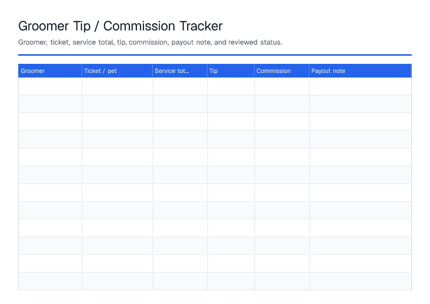Groomer Tip / Commission Tracker — printable PDF preview