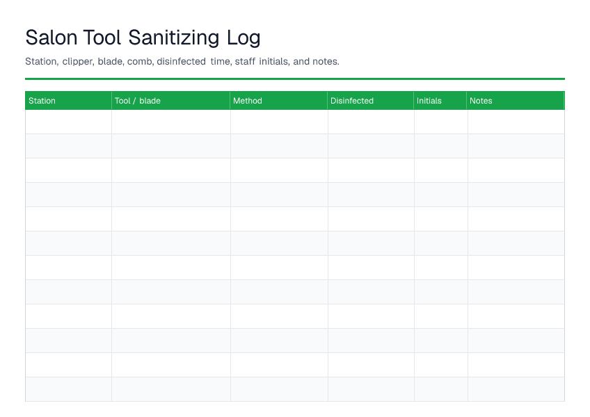 Salon Tool Sanitizing Log — printable PDF preview
