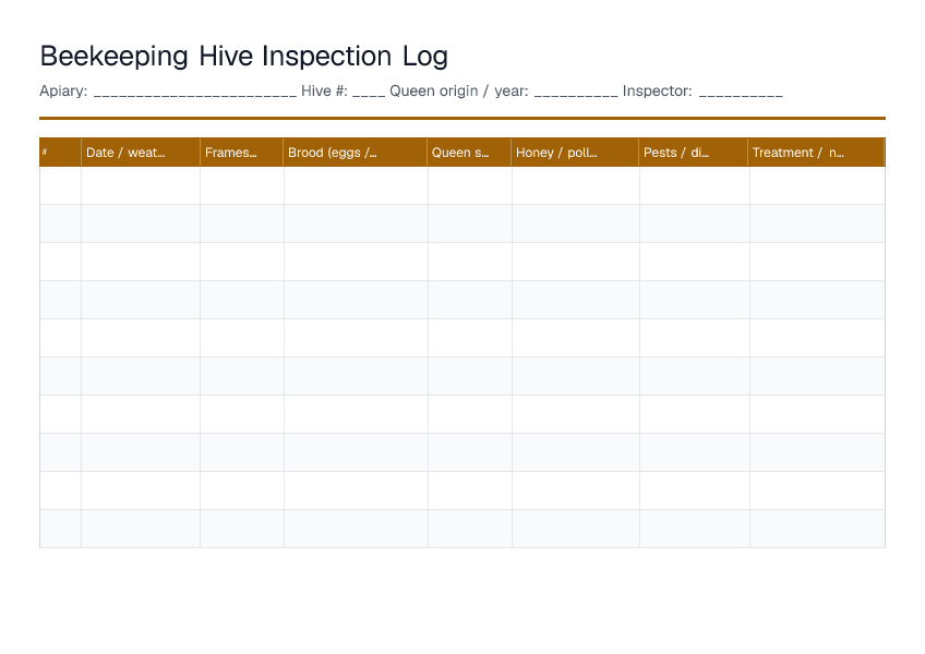 Beekeeping Hive Inspection Log — printable PDF preview