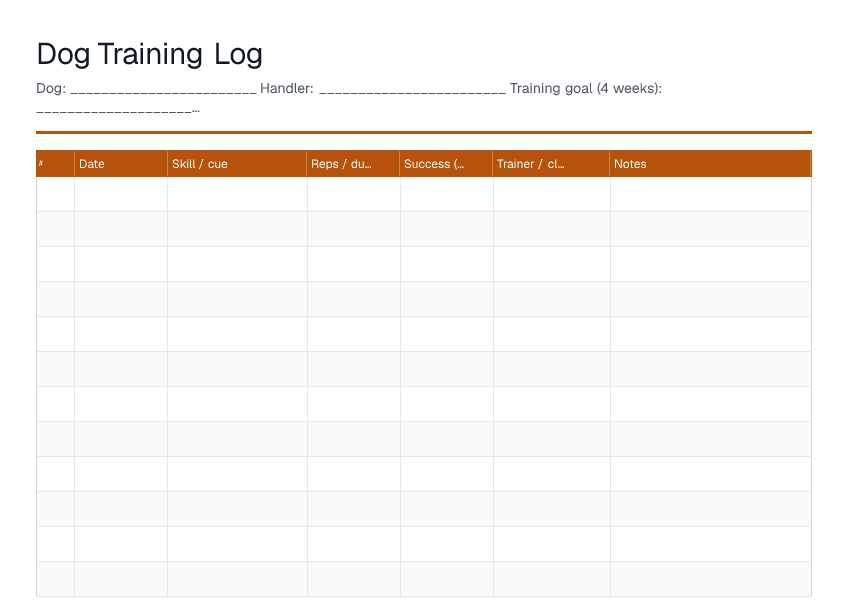 Dog Training Log — printable PDF preview