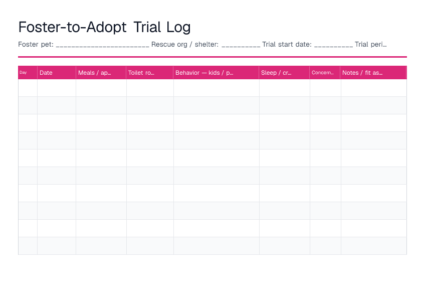 Foster-to-Adopt Trial Log — printable PDF preview